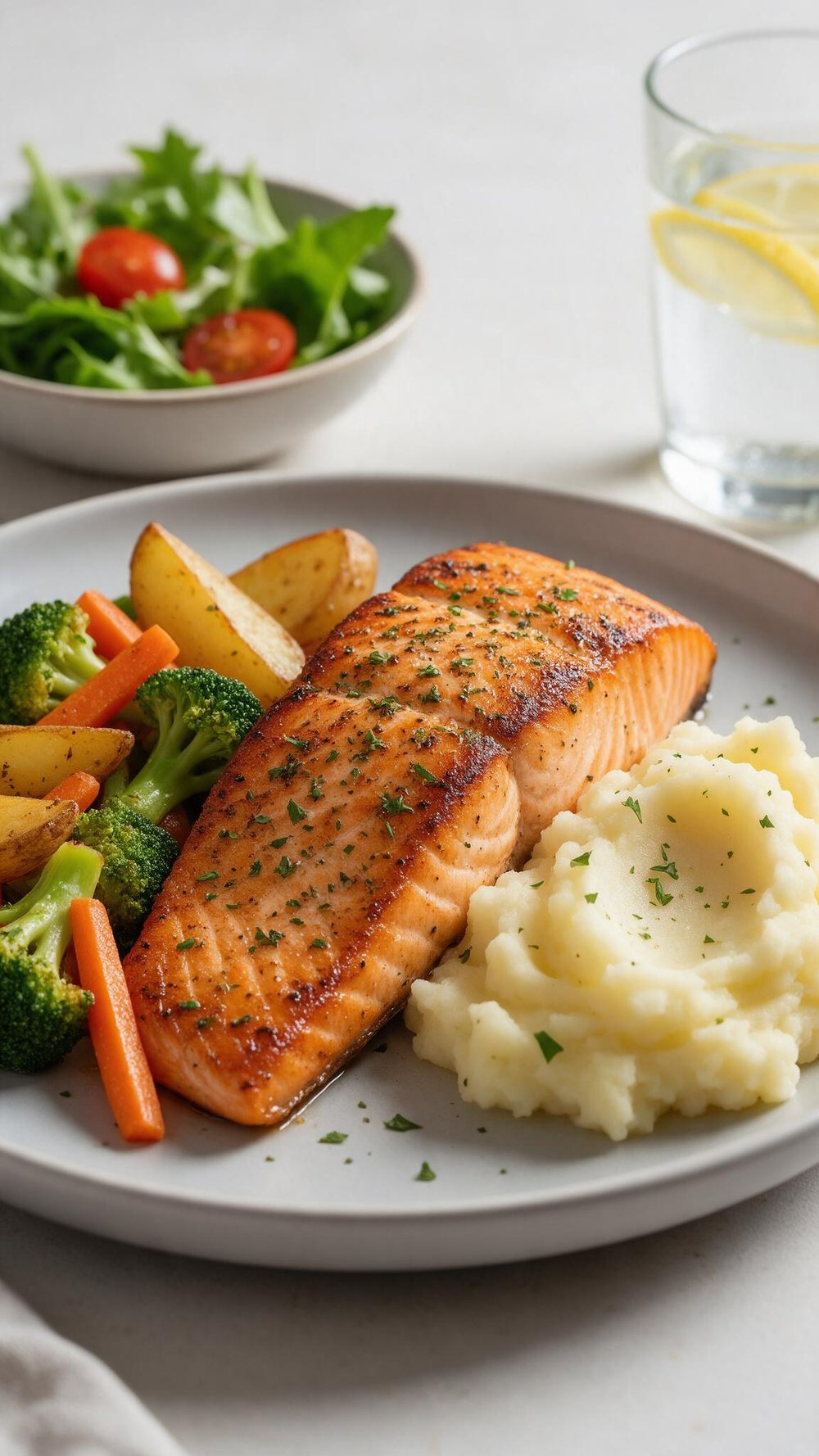 A plated salmon fillet with roast potatoes, vegetables and mashed potato, a side salad beside it