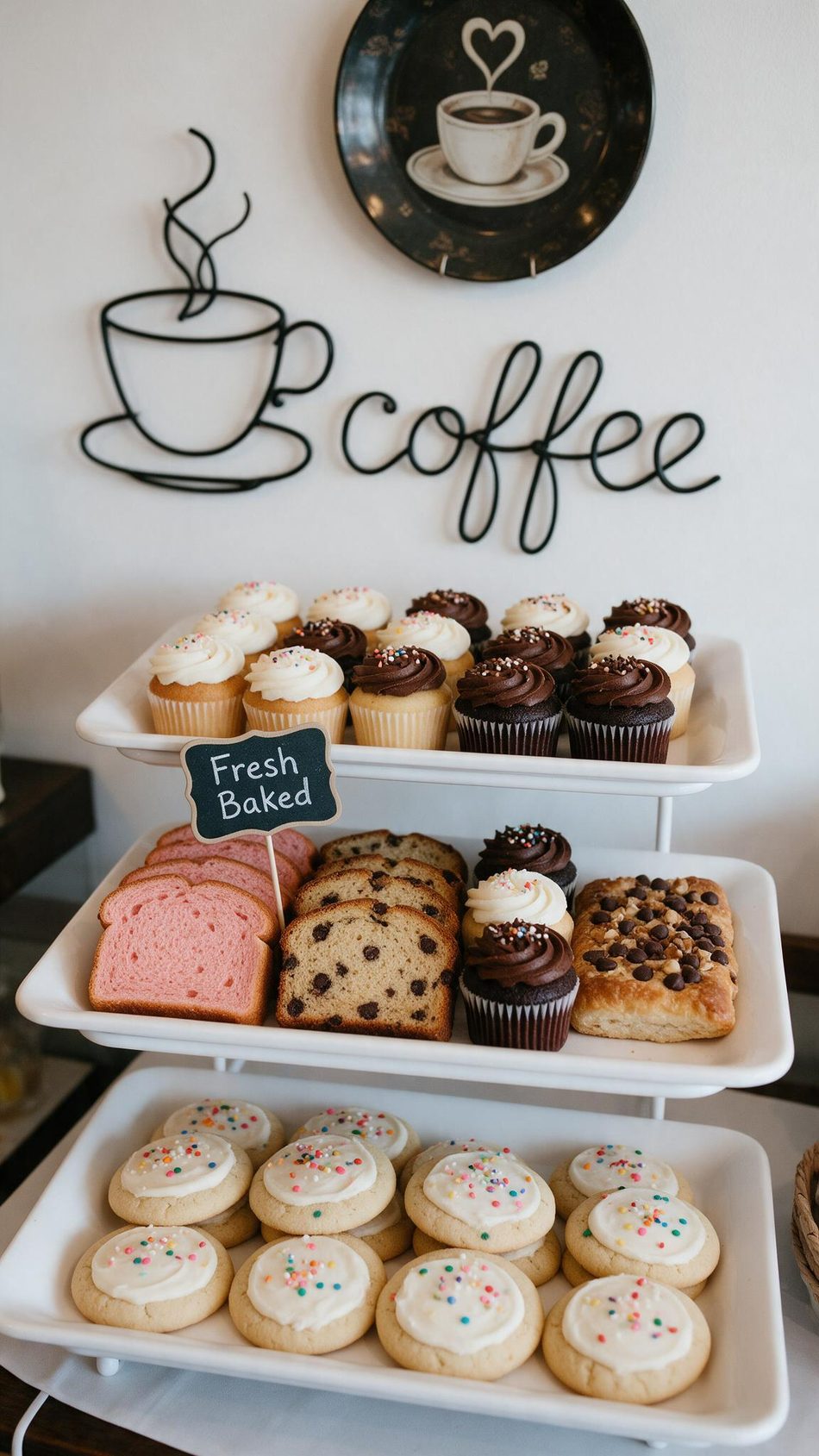 A three-tiered white stand of fresh-baked cupcakes, frosted cookies and sliced loaf cake under a coffee sign
