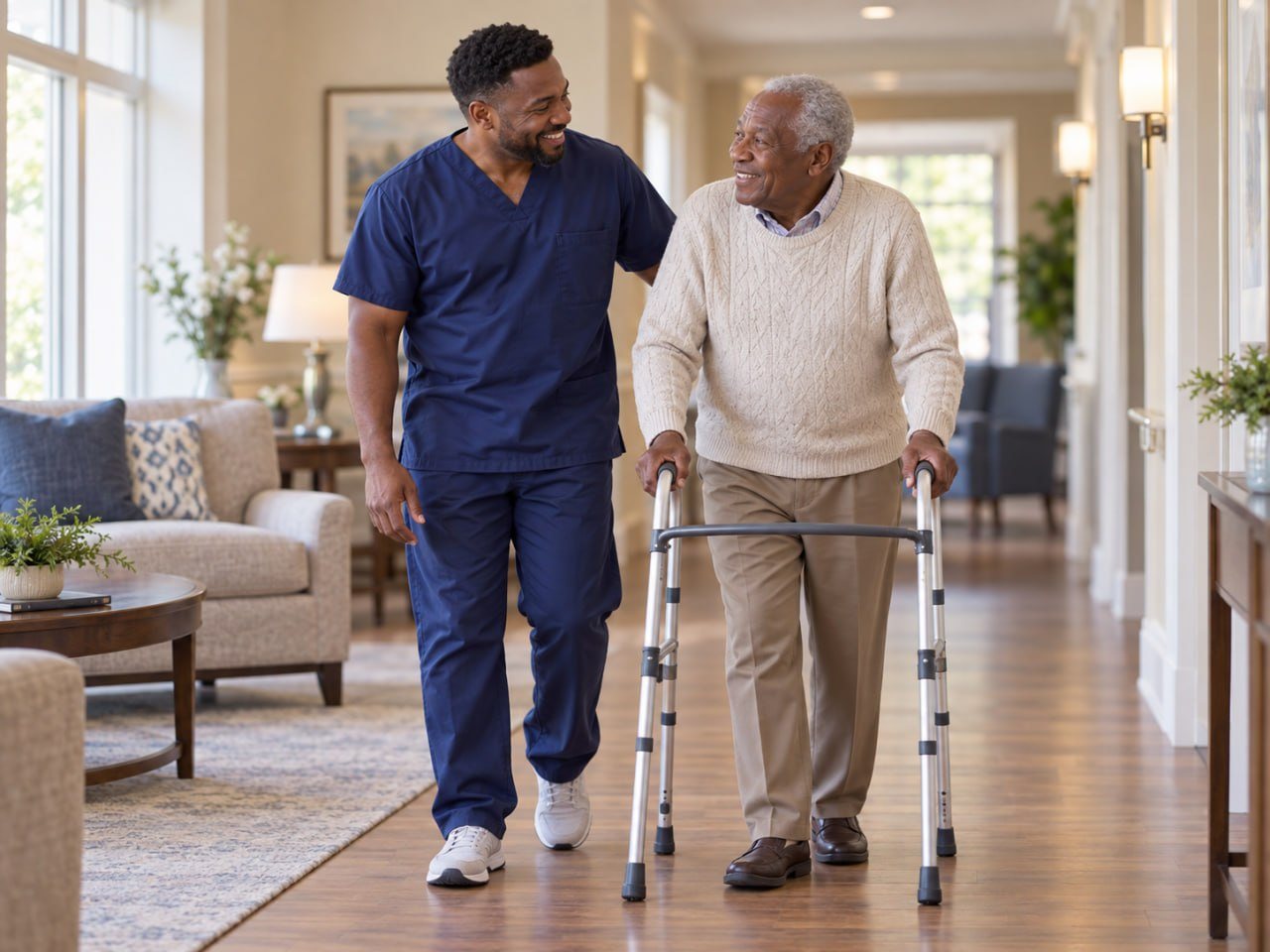 A nurse walking beside a resident using a walker along a bright hallway